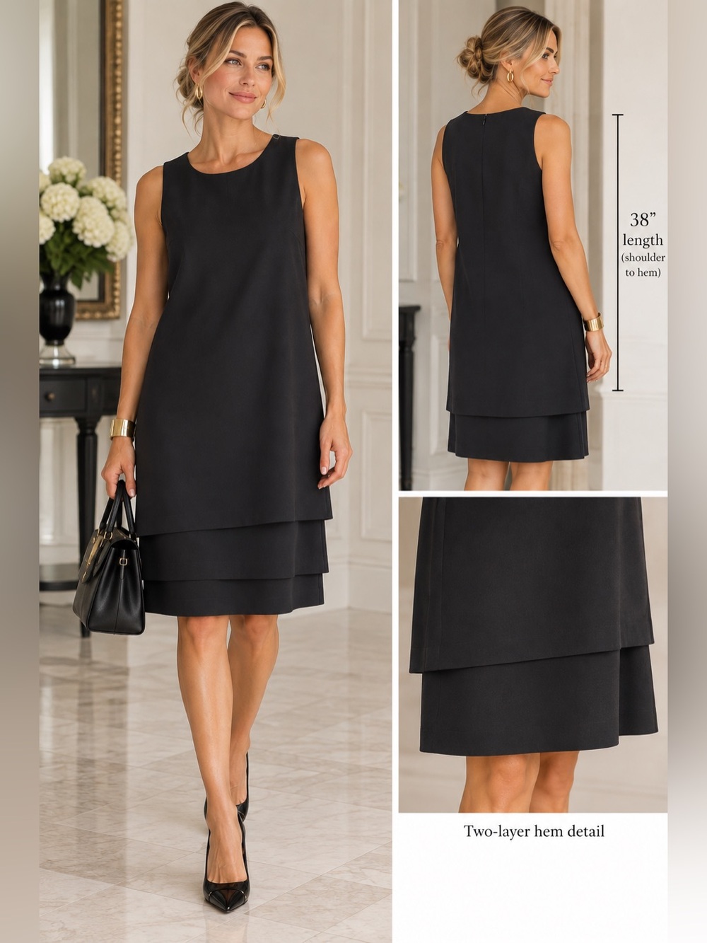 Algo Brand Sleeveless Two-Layer Hem Black Shift Dress